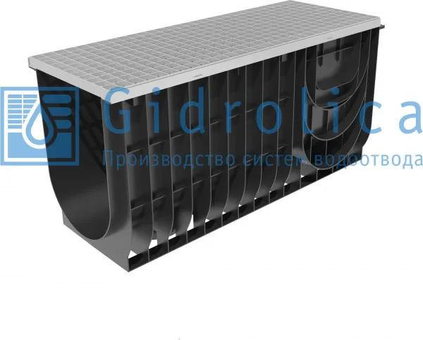 Комплект Gidrolica Light: лоток водоотводный ЛВ-30.38.48 - пластиковый c решеткой РВ -30.37.100 ячеистой стальной оцинкованной, кл. А15 (0834A)