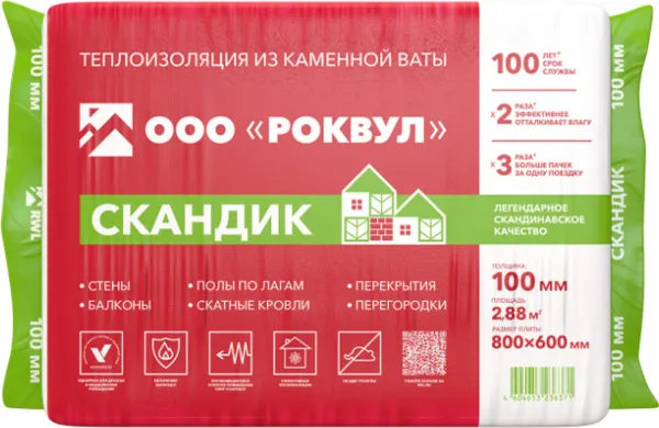 Утеплитель РОКВУЛ Лайт Баттс Скандик 800х600х100 (6шт/пач. 2,88м2, 0,288м3, 36пач/пал)
